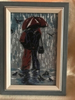 Картина "Влюбленные под зонтом", бисер